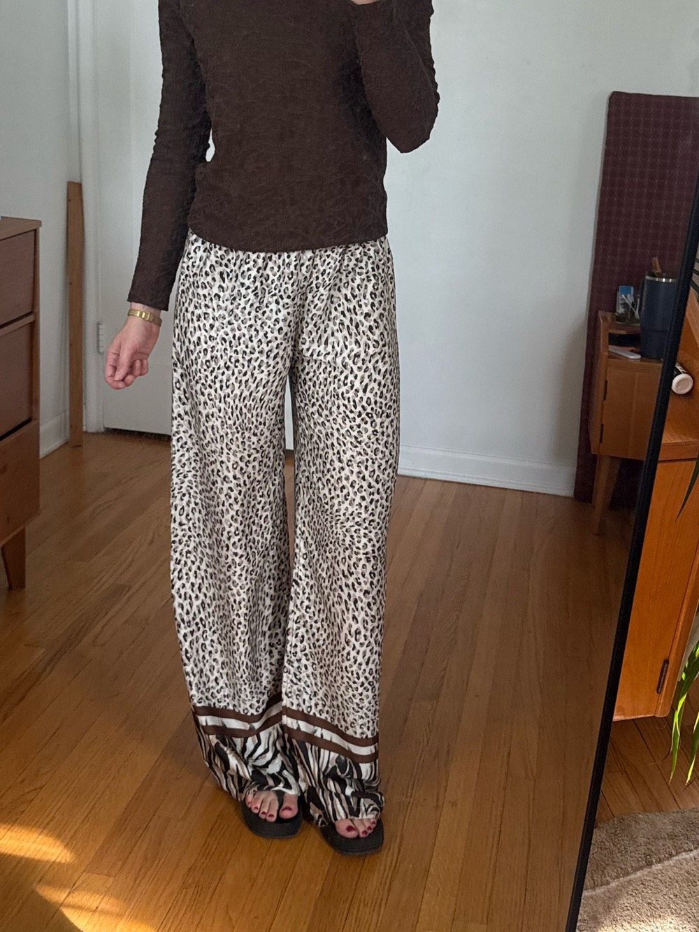 John Galliano Cream and Brown Leopard-Print Wide-Leg Pants